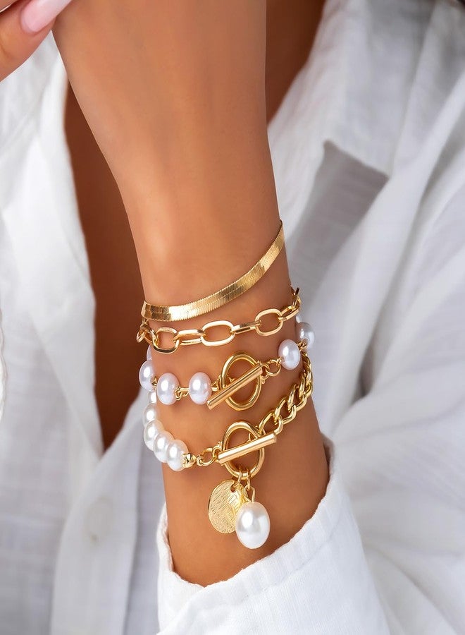 Eason1874 Layered Paperclip Gold Pearl Stack Bracelet Set for Woman Chunky Simulated Pearl jewelry (Four Pcs A) - Image 4